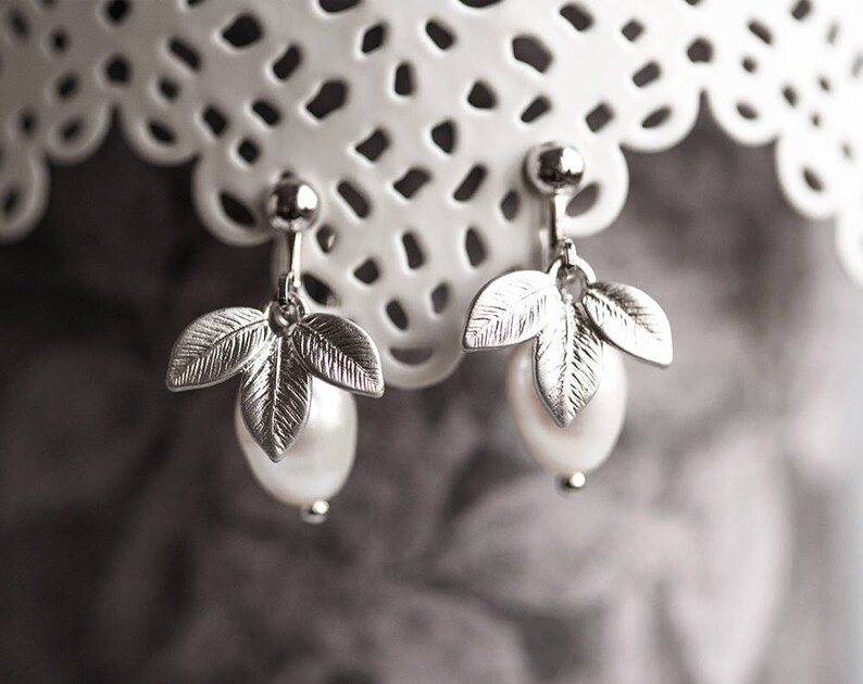 Silver Clip on Earrings Clips Earrings Leaves Earrings Pearls Etsy