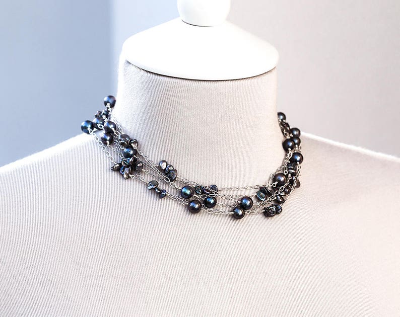Multi strand pearl necklace Long pearls necklace Long necklace Multi strand necklace Silver layering necklace Navy blue pearls necklace 859