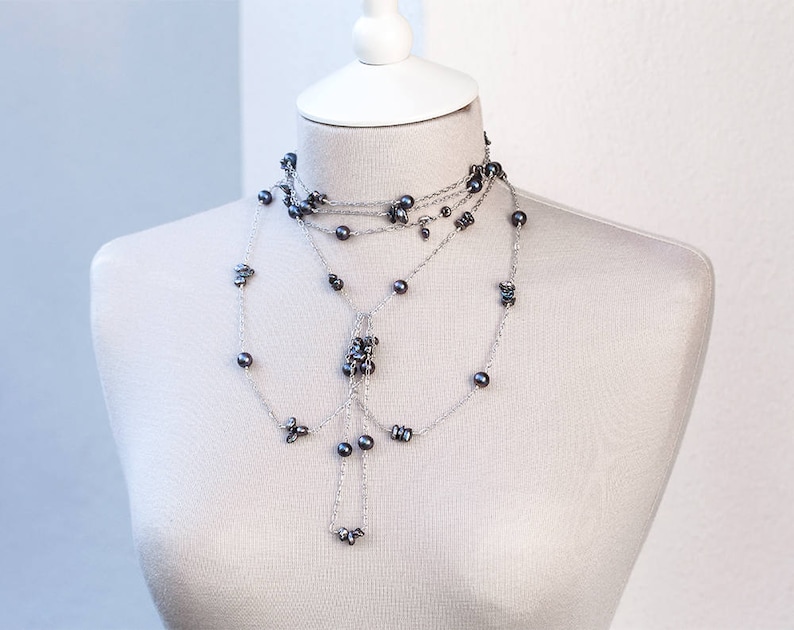Multi strand pearl necklace Long pearls necklace Long necklace Multi strand necklace Silver layering necklace Navy blue pearls necklace 859