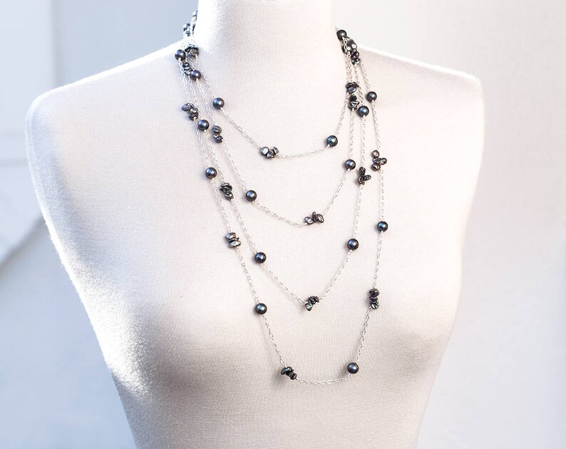 Multi strand pearl necklace Long pearls necklace Long necklace Multi strand necklace Silver layering necklace Navy blue pearls necklace 859