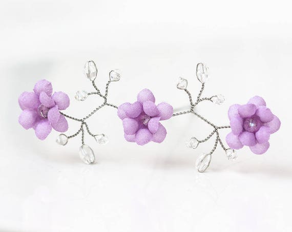 Purple Flower Hair Pin Silver Crystal Hair Pin Lilac Bridal Etsy