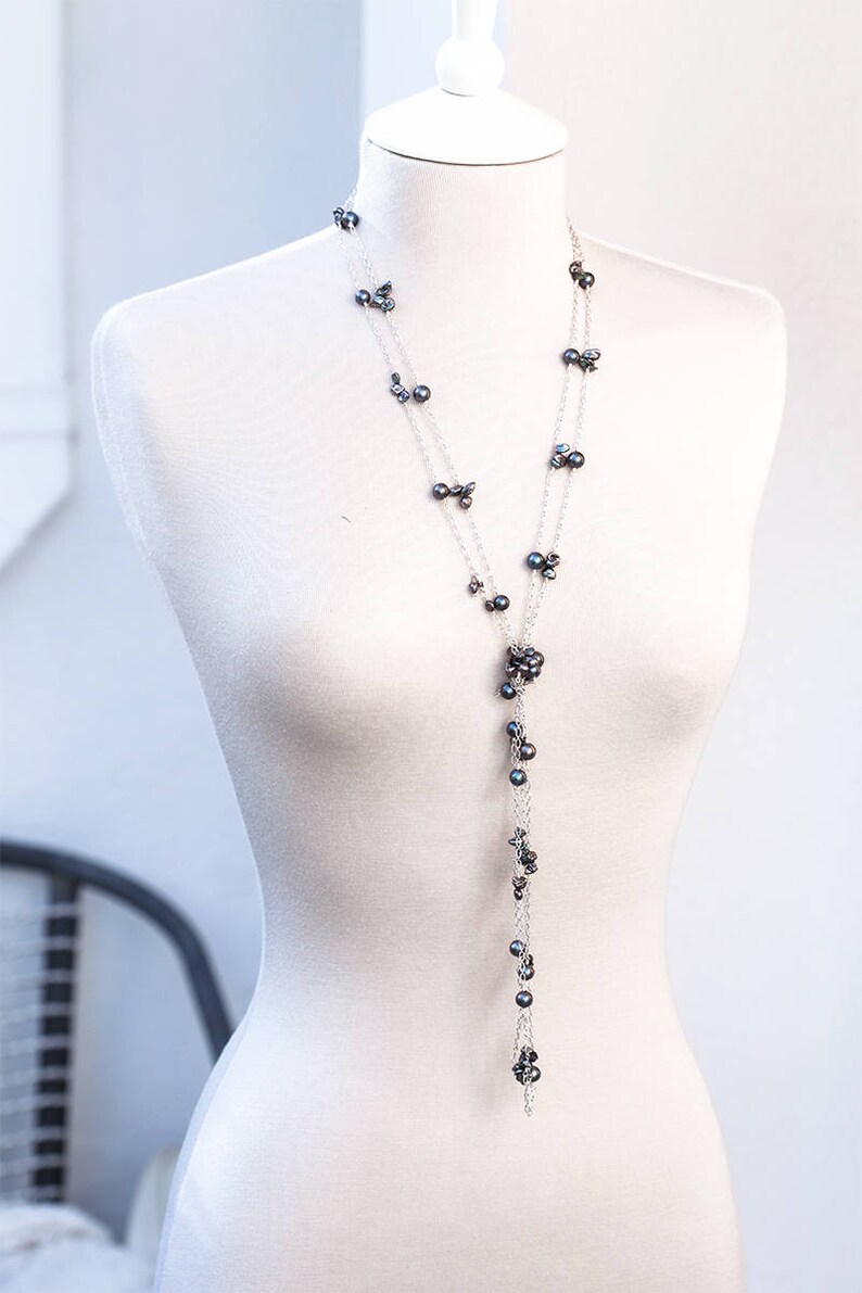 Multi strand pearl necklace Long pearls necklace Long necklace Multi strand necklace Silver layering necklace Navy blue pearls necklace 859