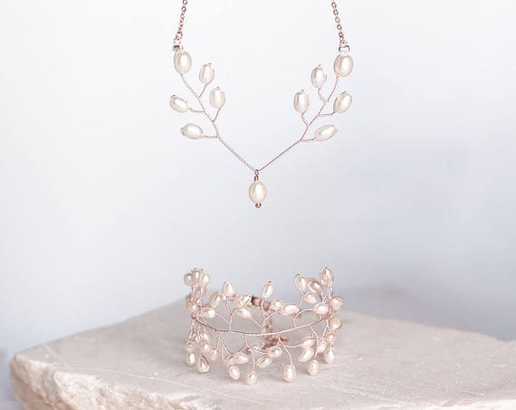 Rose gold jewelry set Pearl jewelry Rose gold bridal jewelry Wedding accessories Rose gold set Pearl necklace Pearl bracelet ivory 6961