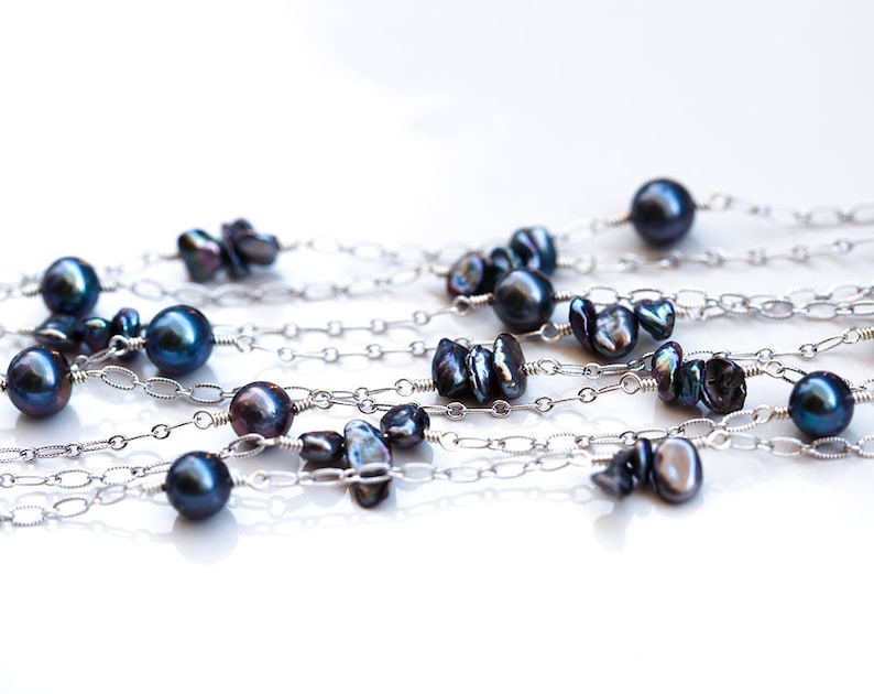 Multi strand pearl necklace Long pearls necklace Long necklace Multi strand necklace Silver layering necklace Navy blue pearls necklace 859