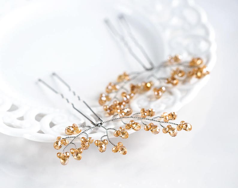 Rose gold hair pins Bride hair pins Crystals hair pins Wedding jewelry Champagne hair pins Bridal hair pins Crystal headpiece Jewelry 8222.