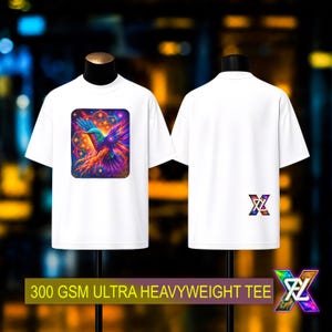 May include: A white short-sleeve t-shirt featuring a vibrant, multi-colored hummingbird graphic on the front chest. The back of the shirt displays a small, colorful geometric logo. The text 300 GSM ULTRA HEAVYWEIGHT TEE is visible below.