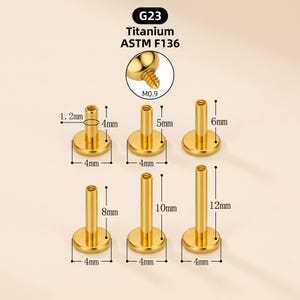 May include: Six gold-colored G23 Titanium ASTM F136 flat back labret studs with internal threading. The posts range from 4mm to 12mm in length, with a 1.2mm gauge and 4mm base diameter. A circular inset shows the M0.9 threaded top detail.