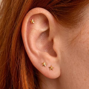 Könnte beinhalten: Drei kleine goldene Ohrstecker in Sternform sind am Ohr zu sehen. Ein Stern-Ohrstecker befindet sich im oberen Knorpelbereich, während zwei identische Stern-Ohrstecker nebeneinander im unteren Ohrläppchen platziert sind.