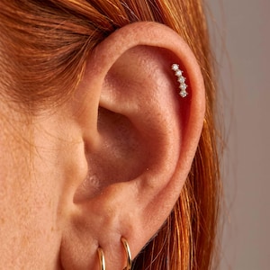 Può includere: Un piercing per cartilagine color oro con una fila curva di cinque piccole pietre preziose rotonde e trasparenti. Il gioiello è posizionato lungo il bordo superiore dell'orecchio, completato da due semplici orecchini a cerchio dorati.