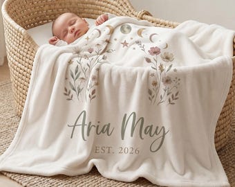 Personalized Boho Floral Baby Blanket Moon and Stars Nursery Blanket Custom Name Baby Shower Gift for Girl