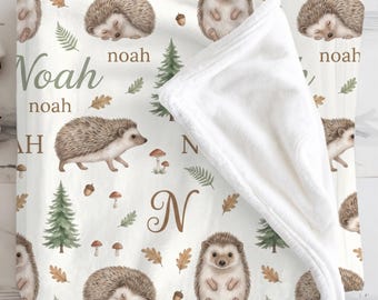 Personalized Hedgehog Baby Blanket, Custom Name Swaddle, Repeating Name Blanket, Woodland Pattern, Decorating Neutral Nursery BabyShowerGift