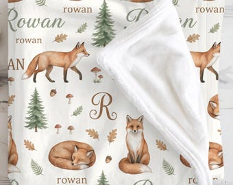 Personalized Fox Baby Blanket, Custom Name Swaddle, Repeating Name Blanket, Woodland Pattern, Decorating Neutral Nursery, Baby Shower Gift