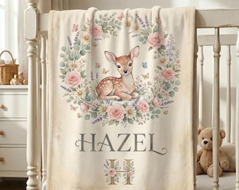 Personalized Deer Baby Blanket, Custom Name Baby Girl Blanket, Woodland Fawn Nursery Blanket, Heirloom Baby Shower Gift