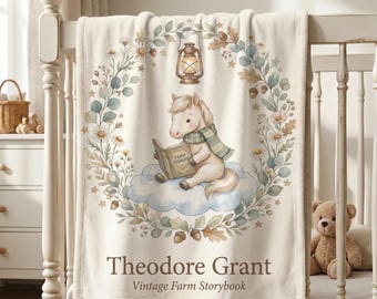 Personalized Pony Baby Blanket, Custom Name Horse Blanket, Vintage Farm Nursery Decor, Farm Animal Baby Shower Gift, Neutral Baby Blanket
