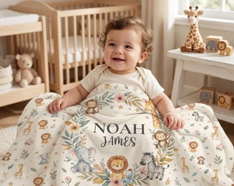 Personalized Safari Baby Blanket, Custom Name Jungle Animals Blanket, Watercolor Neutral Nursery Blanket, Elephant Lion Giraffe Baby Shower