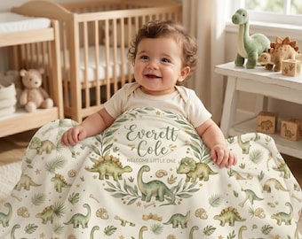 Personalized Dinosaur Baby Blanket, Custom Name Dinosaur Swaddle, Dinosaur Nursery Bedding, Baby Boy Blanket, Dinosaur Person Gift