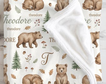 Personalized Bear Baby Blanket, Custom Name Swaddle, Repeating Name Blanket, Woodland Pattern, Decorating Neutral Nursery, Baby Shower Gift