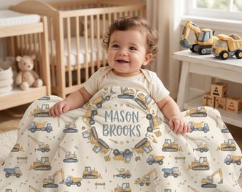 Personalized Construction Truck Baby Blanket, Custom Name Construction Swaddle, Excavator Nursery Blanket, Baby Boy Gift, Construct Truck