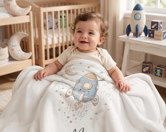 Personalized Rocket Baby Blanket, Custom Name Baby Boy Blanket, Space Baby Blanket, Newborn Gift, Baby Shower Gift, Nursery Decor