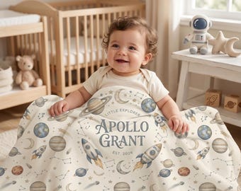 Personalized Space Baby Blanket, Custom Name Rocket Blanket, Space Nursery Decor, Baby Space Gifted, Baby Boy Shower Gift, Solar System
