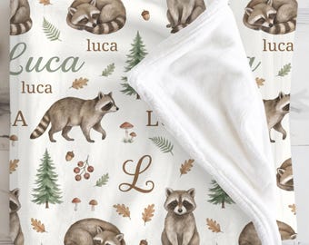 Personalized Raccoon Baby Blanket, Custom Name Swaddle, Repeating Name Blanket, Woodland Pattern, Decorating Neutral Nursery, BabyShowerGift