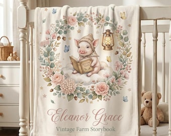 Personalized Piglet Baby Blanket Girl, Custom Farm Animal Name Blanket, Vintage Farm Nursery Decor, Baby Shower Gift