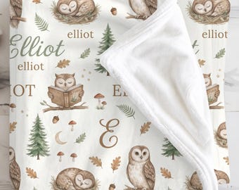 Personalized Owl Baby Blanket, Custom Name Swaddle, Repeating Name Blanket, Woodland Pattern, Decorating Neutral Nursery, Baby Shower Gift