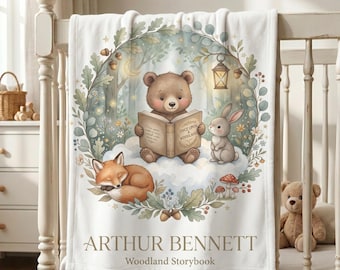 Personalized Bear Baby Blanket Custom Name Swaddle Woodland Storybook Nursery Blanket Baby Boy Gift Newborn Shower Gift