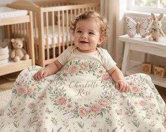 Personalized Wildflower Baby Blanket Girl, Custom Name Floral Baby Blanket, Boho Nursery Bedding, Wildflower Person Gift, Baby Shower Gift