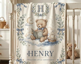 Personalized Storybook Teddy Bear Baby Blanket, Custom Name Blanket Boy, Adventure Nursery Blanket, Heirloom Baby Gift