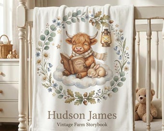Personalized Highland Cow Baby Blanket, Custom Name Farm Nursery Blanket, Vintage Farm Storybook, Baby Boy Gift, Baby Shower Gift