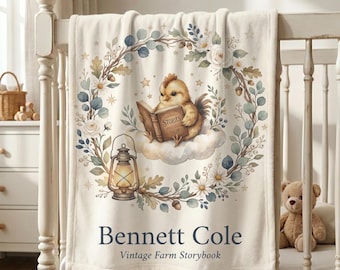 Personalized Chick Baby Blanket Boy, Custom Farm Animal Name Blanket, Vintage Farm Nursery Decor, Baby Shower Gift, Farming Baby Swaddle