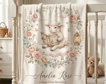 Personalized Lamb Baby Blanket Girl, Custom Name Baby Girl Blanket, Vintage Farm Nursery Decor, Floral Sheep Swaddle Gift