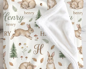 Personalized Bunny Baby Blanket, Custom Name Swaddle, Repeating Name Blanket, Woodland Pattern, Decorating Neutral Nursery, Baby Shower Gift