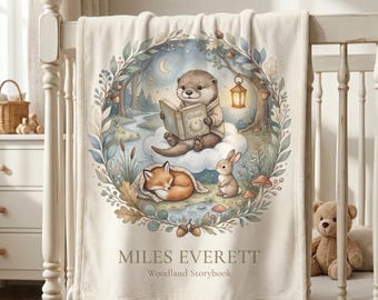 Personalized Otter Baby Blanket Custom Name Swaddle Woodland Storybook Nursery Gift Baby Shower Present Forest Animal Baby Sea Otters