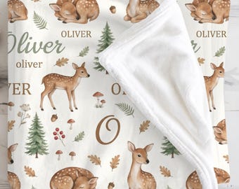 Personalized Deer Baby Blanket, Custom Name Swaddle, Repeating Name Blanket, Woodland Pattern, Decorating Neutral Nursery, Baby Shower Gift