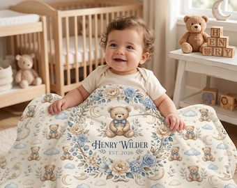 Personalized Teddy Bear Baby Blanket, Custom Name Baby Boy Blanket, Teddy Bear Nursery Bedding, Personal Baby Teddy Bear, Newborn Boy Gift