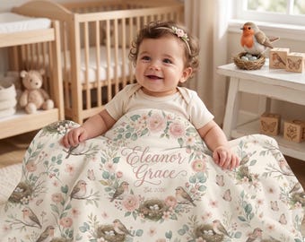 Personalized Baby Girl Blanket Bird Nursery Blanket Custom Name Blanket Floral Baby Blanket Baby Shower Gift Newborn Girl Gift Floral Babie