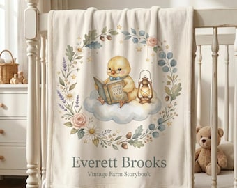 Personalized Chick Baby Blanket, Custom Name Baby Boy Blanket, Vintage Farm Nursery Decor, Farm Animal Baby Shower Gift, Farming Baby