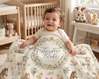 Personalized Farm Animal Baby Blanket Custom Name Blanket Farm Nursery Decor Baby Shower Gift Cow Pig Lamb Horse Duck Blanket