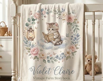 Personalized Kitten Baby Blanket Custom Name Blanket Girl Nursery Decor Cat Baby Shower Gift Storybook Nursery Throw Kitten Name Blanket