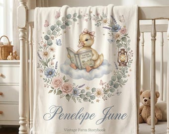 Personalized Duckling Baby Blanket, Custom Name Baby Girl Blanket, Vintage Farm Nursery Decor, Duck Baby Shower Gift, Farming Baby Swaddle