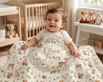 Personalized Woodland Baby Blanket, Custom Name Baby Blanket, Forest Animals Nursery Blanket, Fox Deer Owl Baby Shower Gift