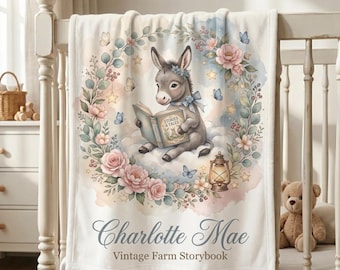 Personalized Donkey Baby Blanket Girl, Custom Farm Animal Baby Name Blanket, Vintage Farm Nursery Decor, Baby Shower Gift