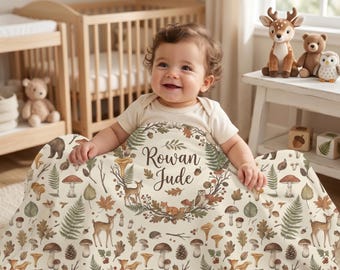 Personalized Woodland Baby Blanket, Custom Name Forest Baby Blanket, Woodland Nursery Decor, Woodland Baby Gifted, Baby Shower Gift Boy