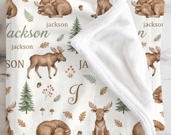 Personalized Moose Baby Blanket, Custom Name Swaddle, Repeating Name Blanket, Woodland Pattern, Decorating Neutral Nursery, Baby Shower Gift