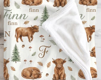 Personalized Highland Cow Baby Blanket, Custom Name Swaddle, Repeating Name, Patternful Blanket, Decorating Neutral Nursery Baby Shower Gift