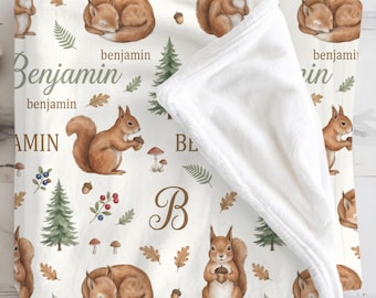 Personalized Squirrel Baby Blanket, Custom Name Swaddle, Repeating Name Blanket, Woodland Pattern, Decorating Neutral Nursery BabyShowerGift