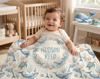 Personalized Ocean Baby Blanket Custom Name Blanket Whale Dolphin Turtle Nursery Decor Baby Shower Gift Coastal Nursery Ocean Person Gift