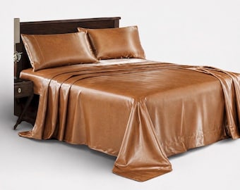 Sábana de cuero genuino hecha a mano – Sábana de lujo de cuero suave con 2 fundas de almohada – Negro, marrón claro o marrón oscuro